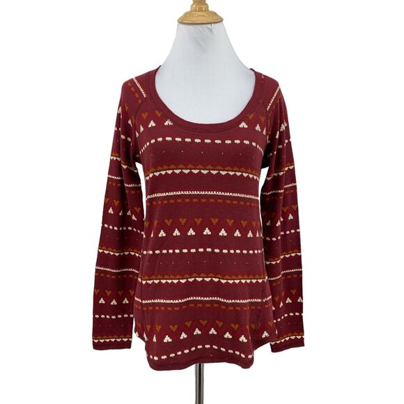 Lucky Brand Fair Isle Thermal Top Womens M Burgundy Cotton Pattern Scoop Neck - Picture 1 of 16